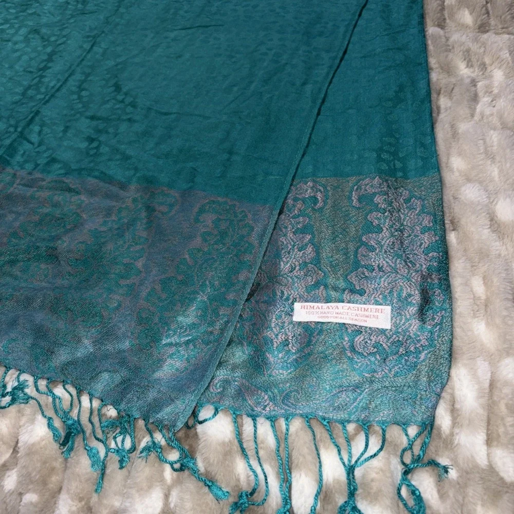VTG 100%‎ Himalaya Cashmere Scarf Hand Made Delicate Fringe Detailing Turquoise